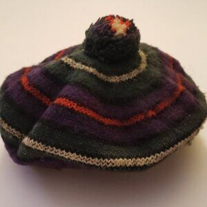 Vintage wool knit beret style cap in colorful stripe pattern, made in Canada